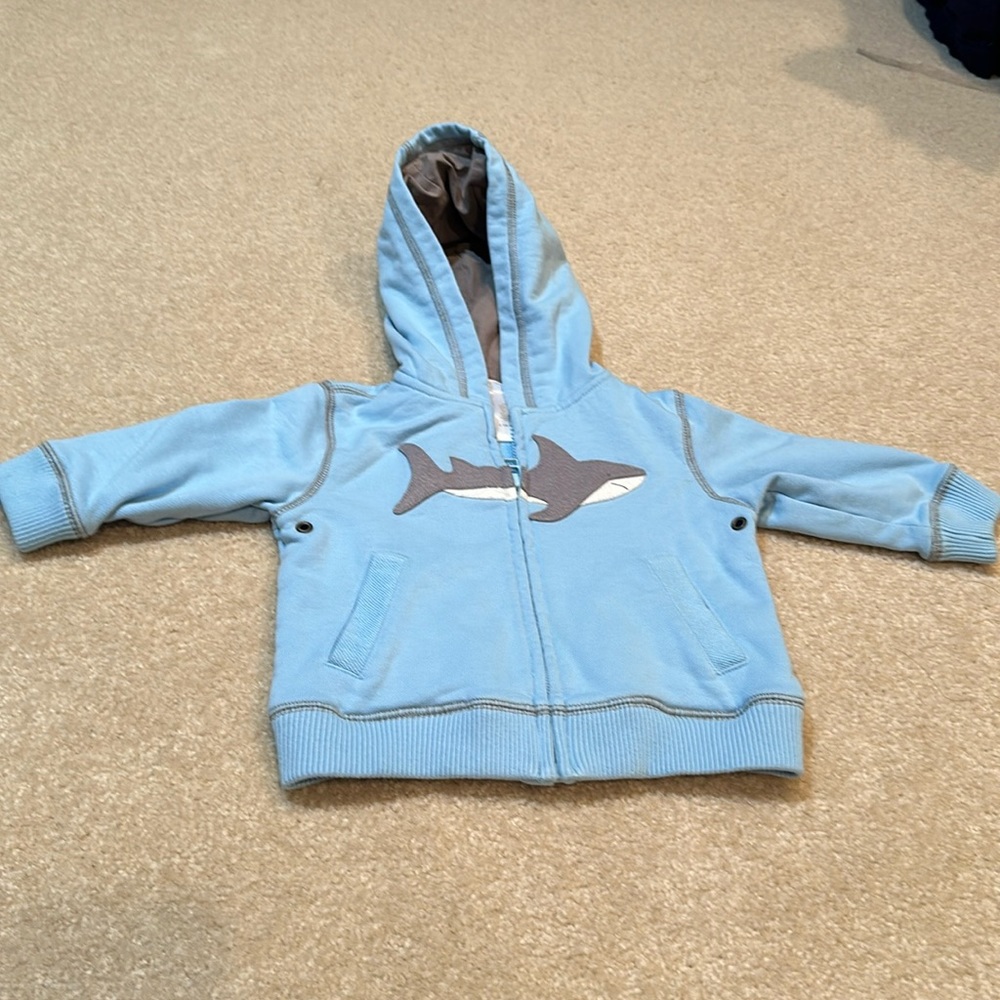 Boys sweater/ jacket size 6-12 M, blue , gray trim. 2 pockets by Janie and Jack